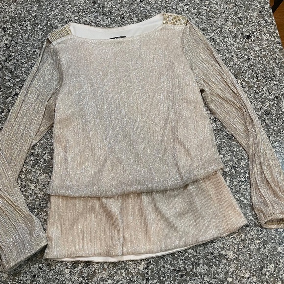 MSK Gold and Rhinestone Slit Bat Wing Sleeve Sparkle Blouse Size Large - Picture 1 of 13